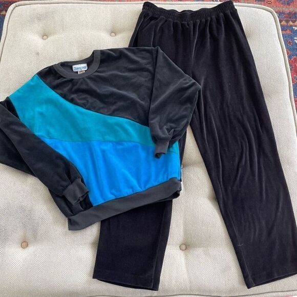 Vintage 80s Cherry Hill Abstract Velour Track Suit Sweatshirt Pants Set Black Bl - Picture 1 of 8